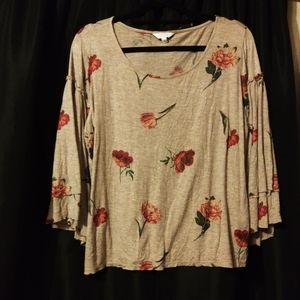 Lucky Brand Brown Glitter Floral Bell Sleeve Top